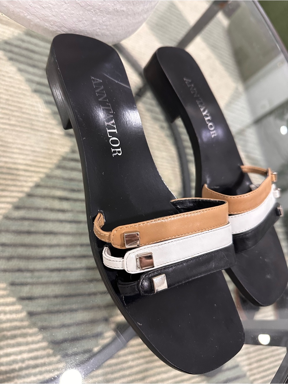 Ann Taylor Black Slide Sandals with Tan and White Accent Straps